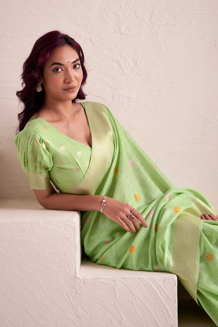 Linen Fabric Sea Green Color Excellent Saree With Jacquard Work