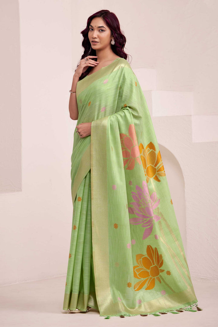 Linen Fabric Sea Green Color Excellent Saree With Jacquard Work