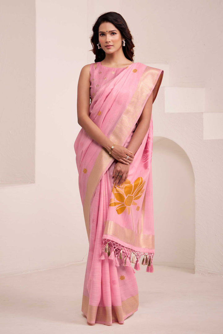 Jacquard Work On Pink Color Linen Fabric Sober Saree