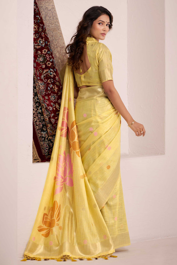 Linen Fabric Yellow Color Beautiful Saree With Jacquard Work