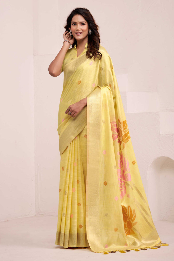 Linen Fabric Yellow Color Beautiful Saree With Jacquard Work