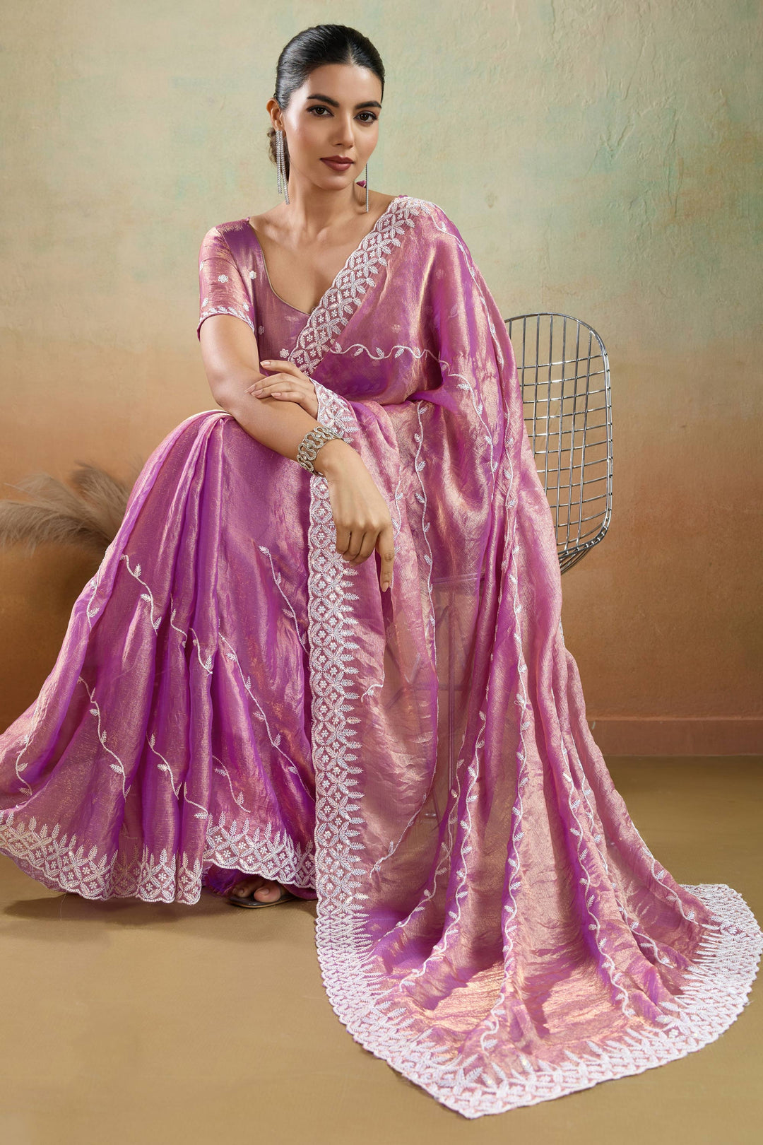 Pink Color Thread Sequins Work Tissue Fabric Saree