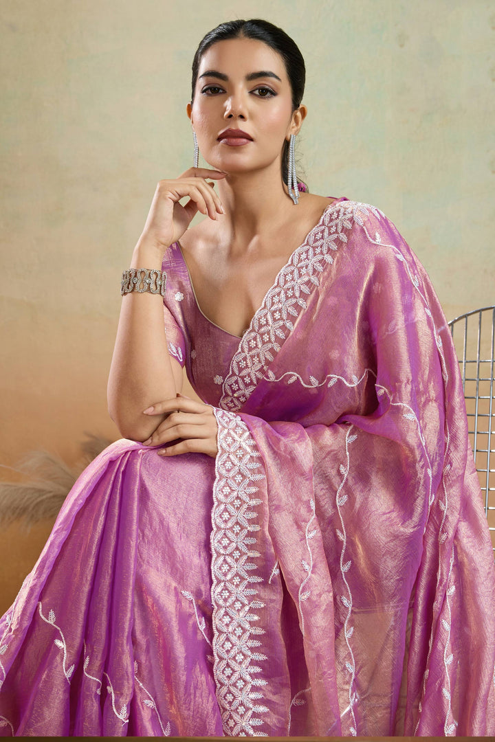 Pink Color Thread Sequins Work Tissue Fabric Saree