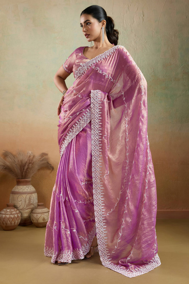 Pink Color Thread Sequins Work Tissue Fabric Saree