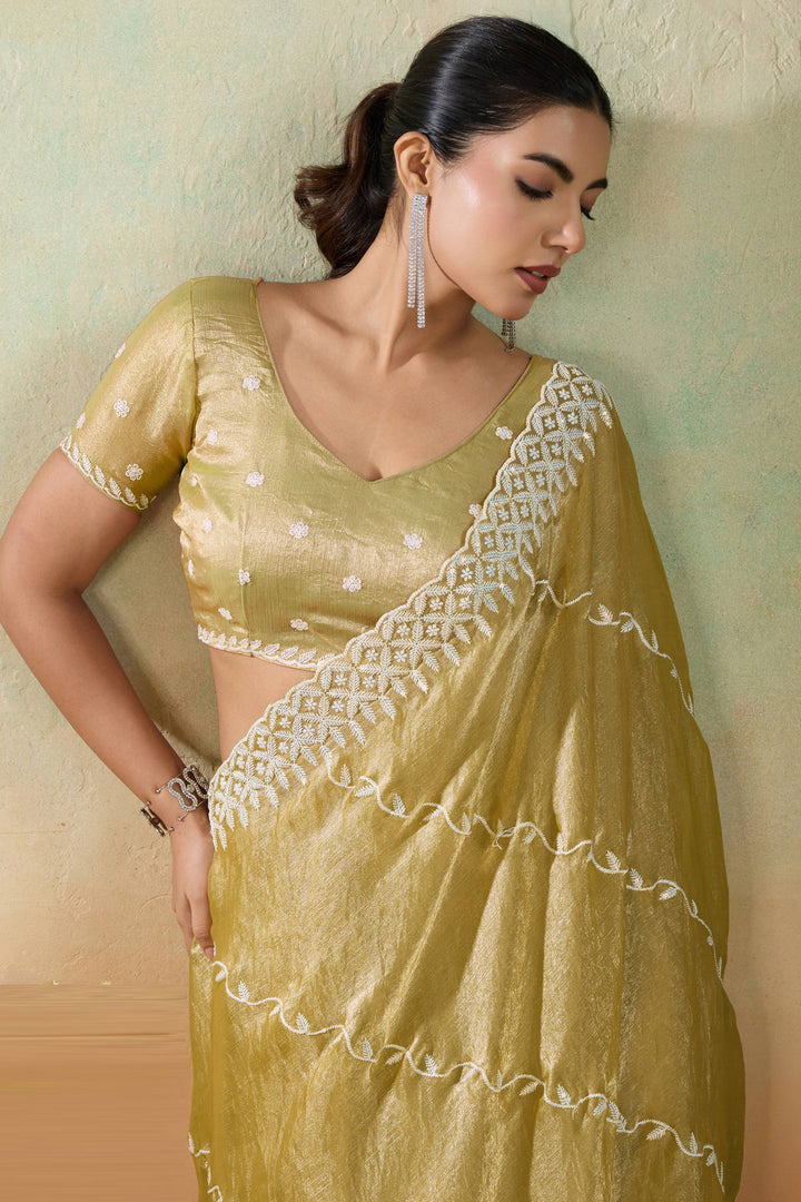 Tissue Fabric Thread Sequins Work Yellow Color Saree