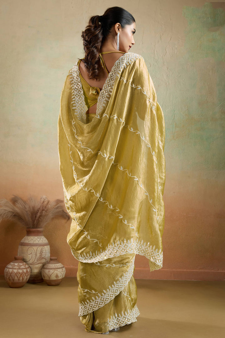 Tissue Fabric Thread Sequins Work Yellow Color Saree
