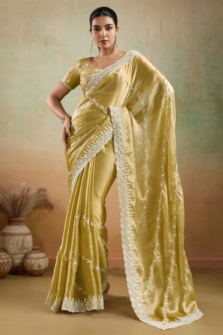 Tissue Fabric Thread Sequins Work Yellow Color Saree