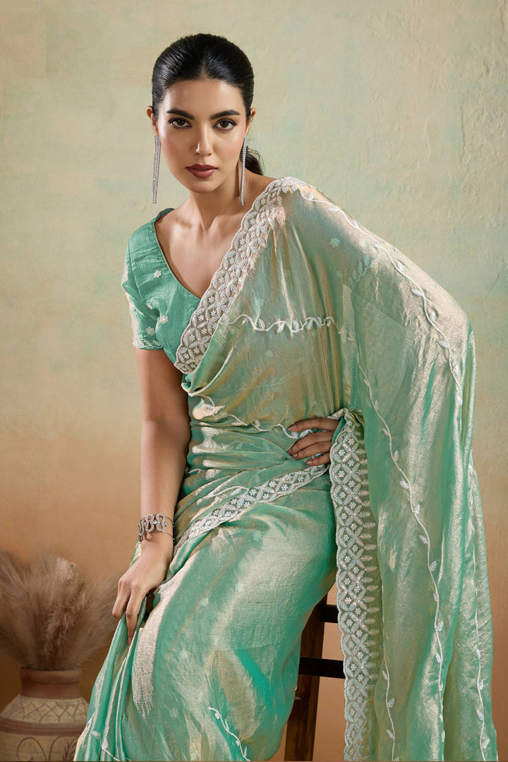 Green Color Tissue Fabric Saree With Thread Sequins Work