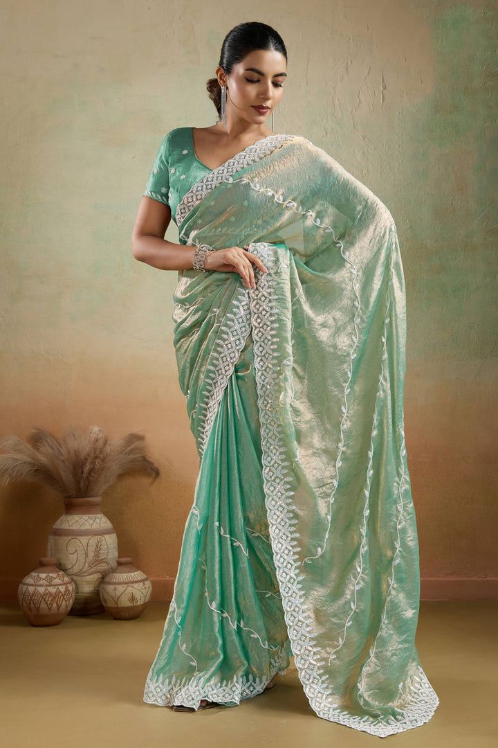 Green Color Tissue Fabric Saree With Thread Sequins Work