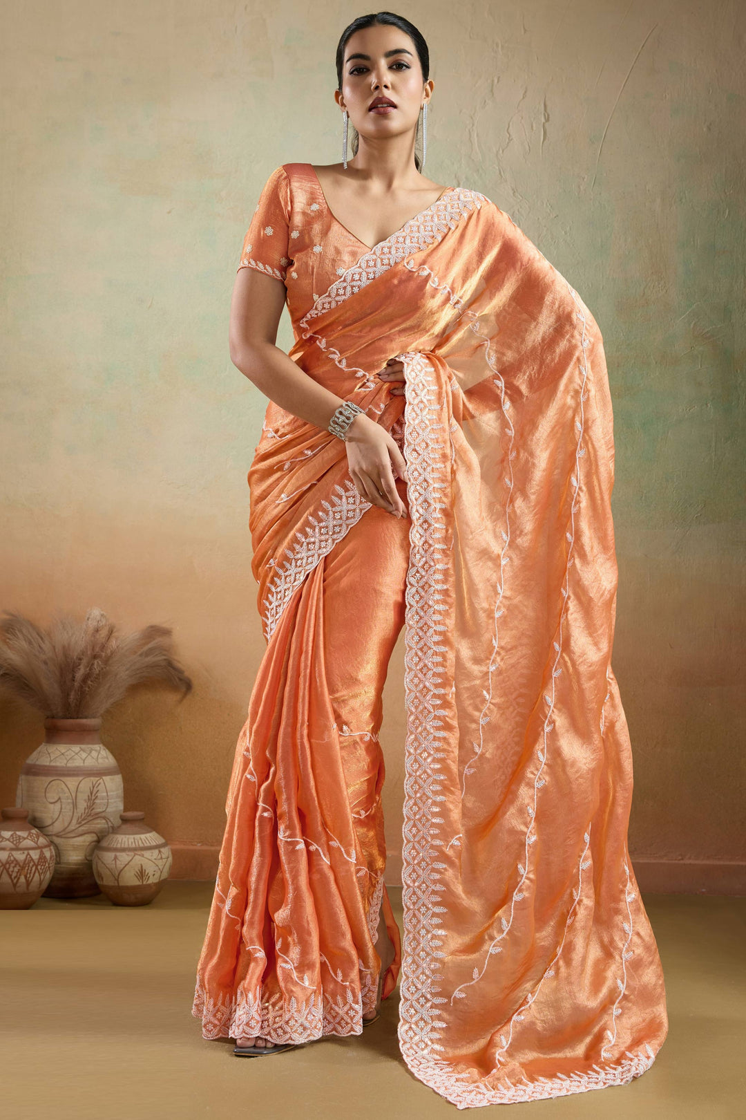 Tissue Fabric Thread Sequins Work Saree In Orange Color | Buy Online India