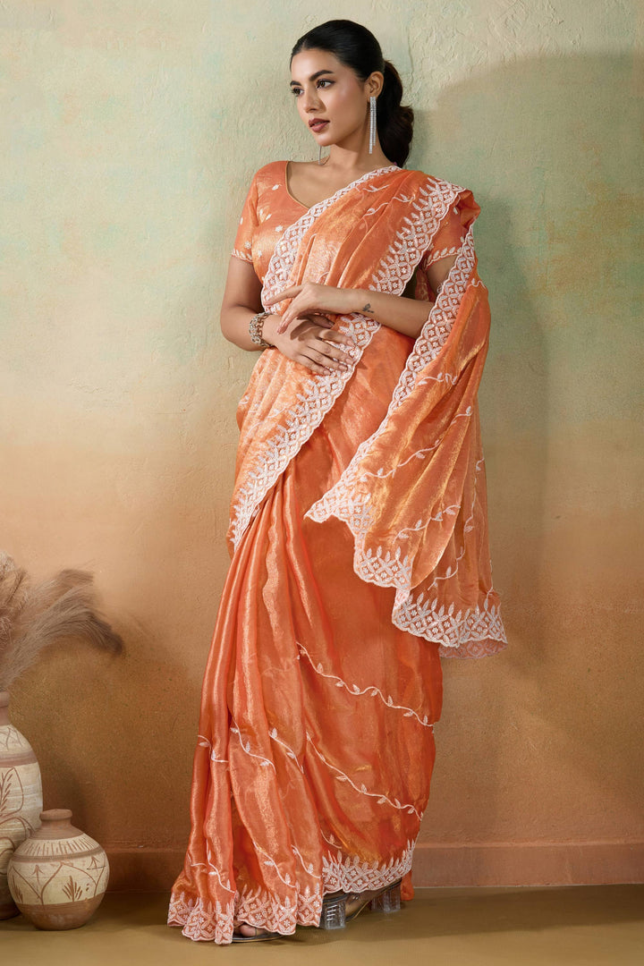 Tissue Fabric Thread Sequins Work Saree In Orange Color | Buy Online India