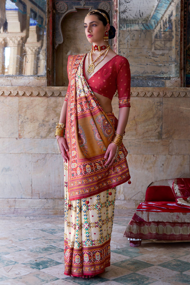 Off White Color Art Silk Fabric Engaging Patola Printed Saree