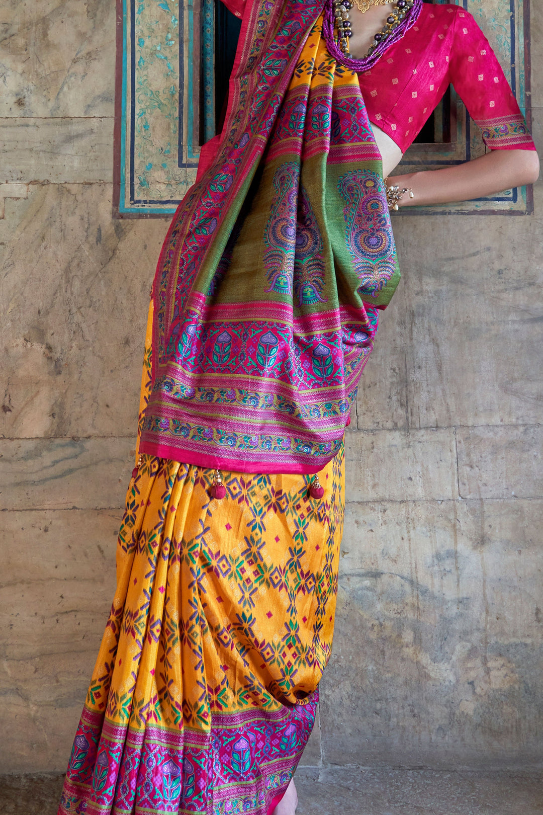 Yellow Color Sober Patola Printed Saree In Art Silk Fabric