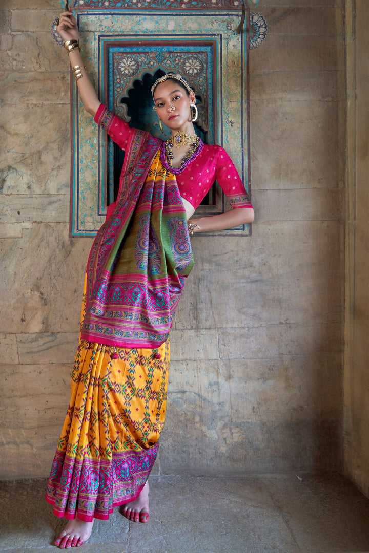 Yellow Color Sober Patola Printed Saree In Art Silk Fabric