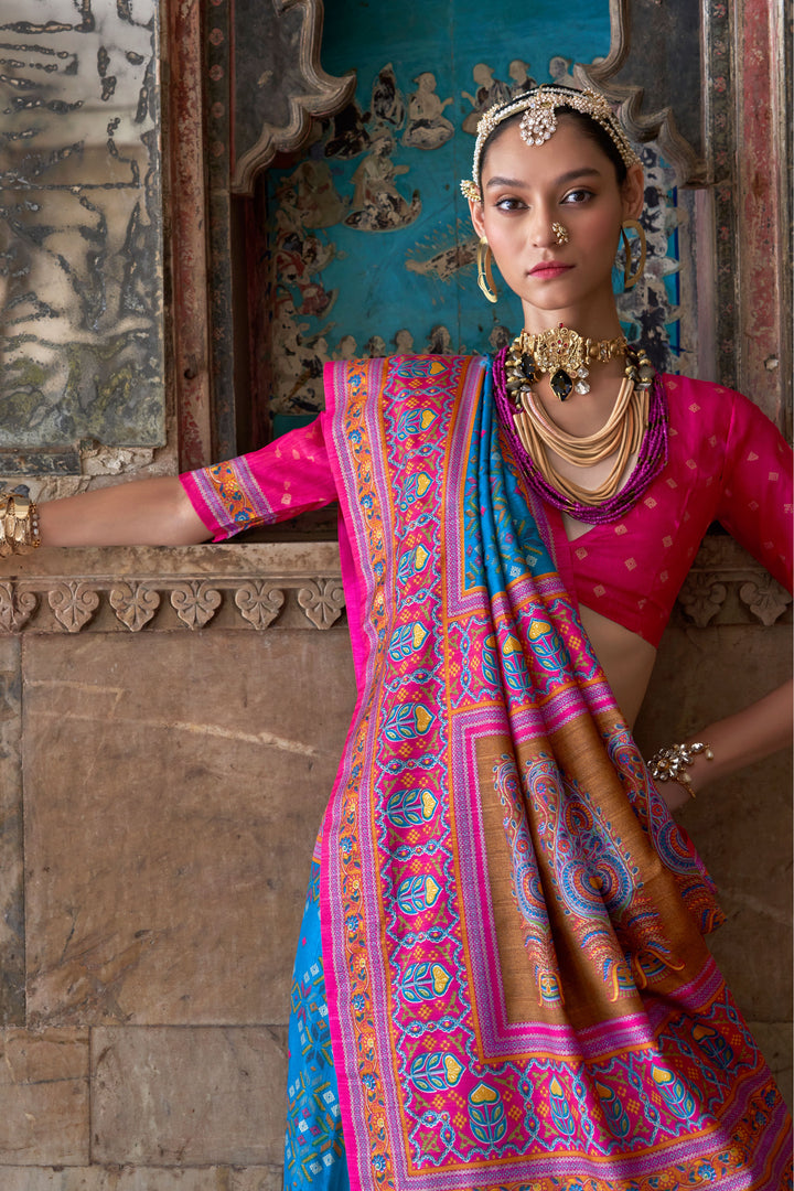 Excellent Art Silk Fabric Patola Printed Saree In Cyan Color