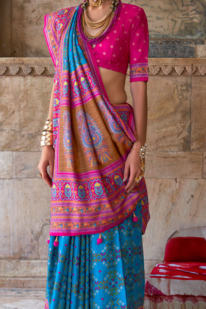 Excellent Art Silk Fabric Patola Printed Saree In Cyan Color