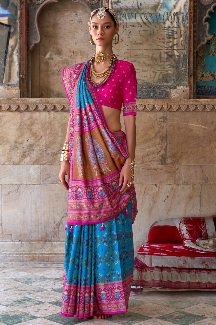 Excellent Art Silk Fabric Patola Printed Saree In Cyan Color