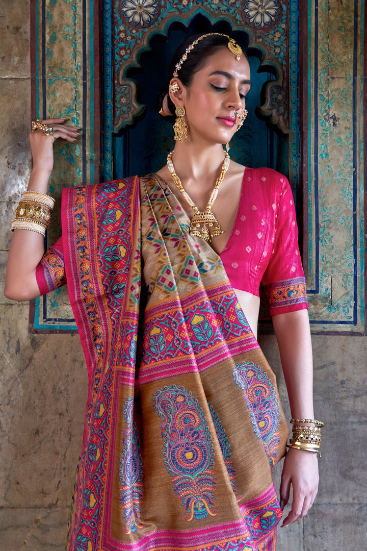 Beige Color Art Silk Fabric Stunning Patola Printed Saree