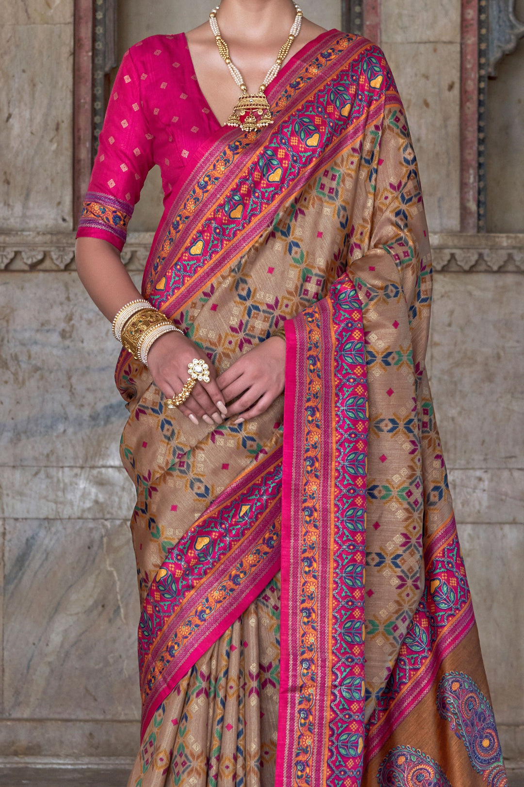 Beige Color Art Silk Fabric Stunning Patola Printed Saree