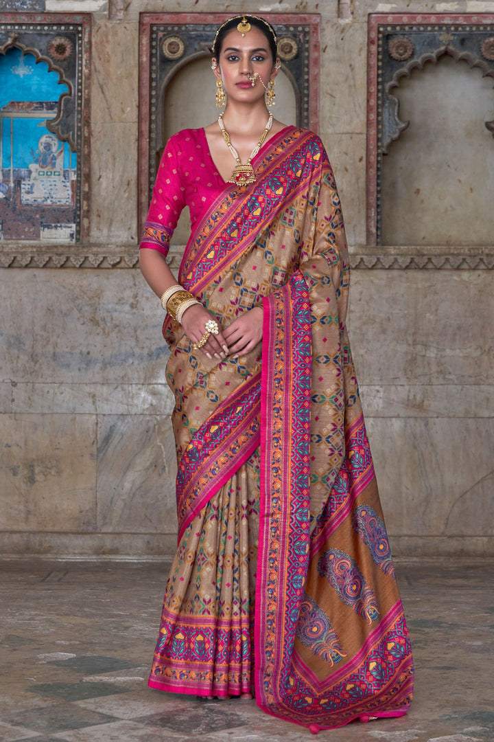 Beige Color Art Silk Fabric Stunning Patola Printed Saree