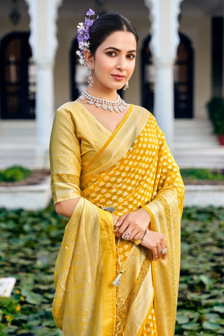 Weaving Work On Georgette Fabric Bewitching Saree In Yellow Color | Buy Online India