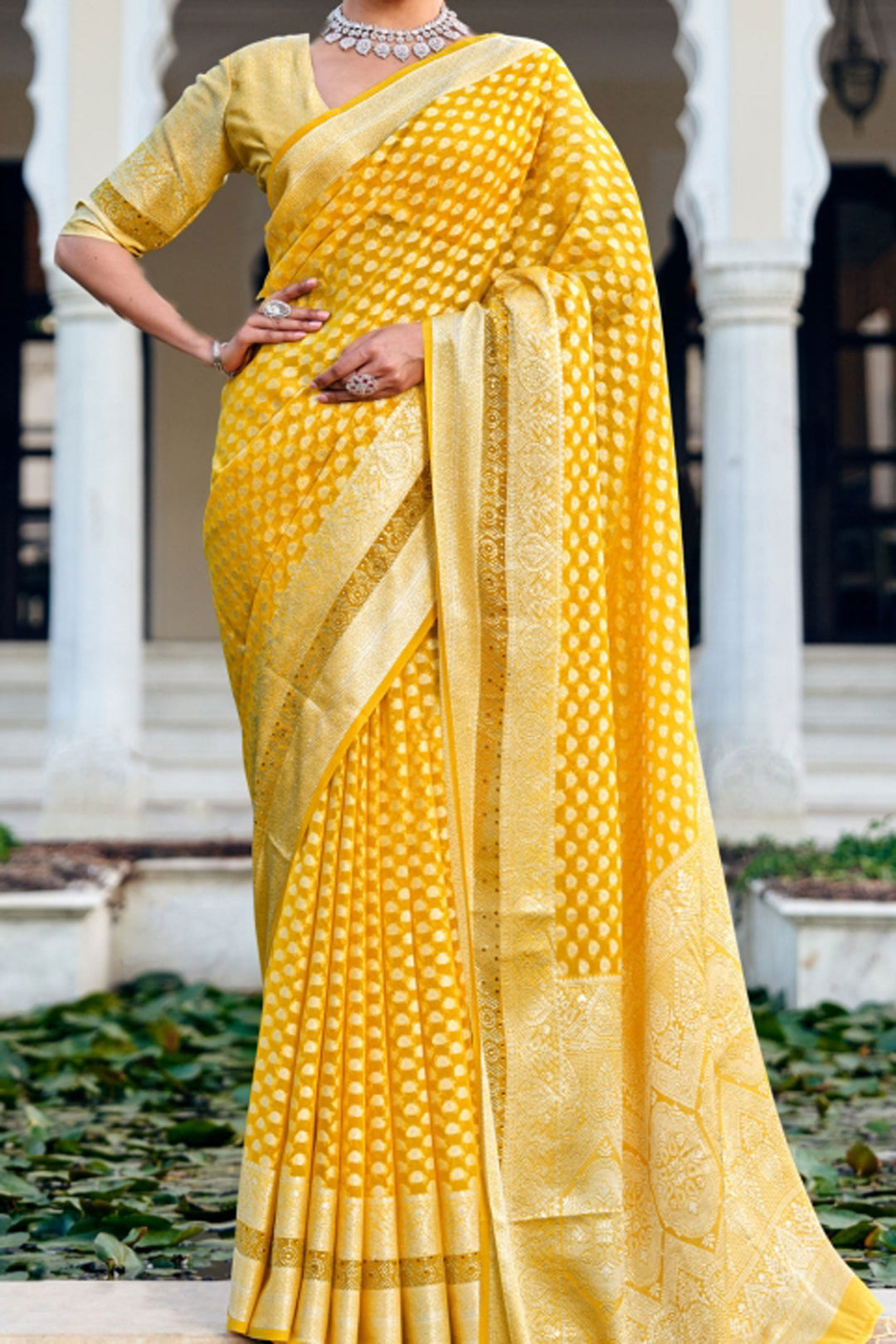 Weaving Work On Georgette Fabric Bewitching Saree In Yellow Color | Buy Online India