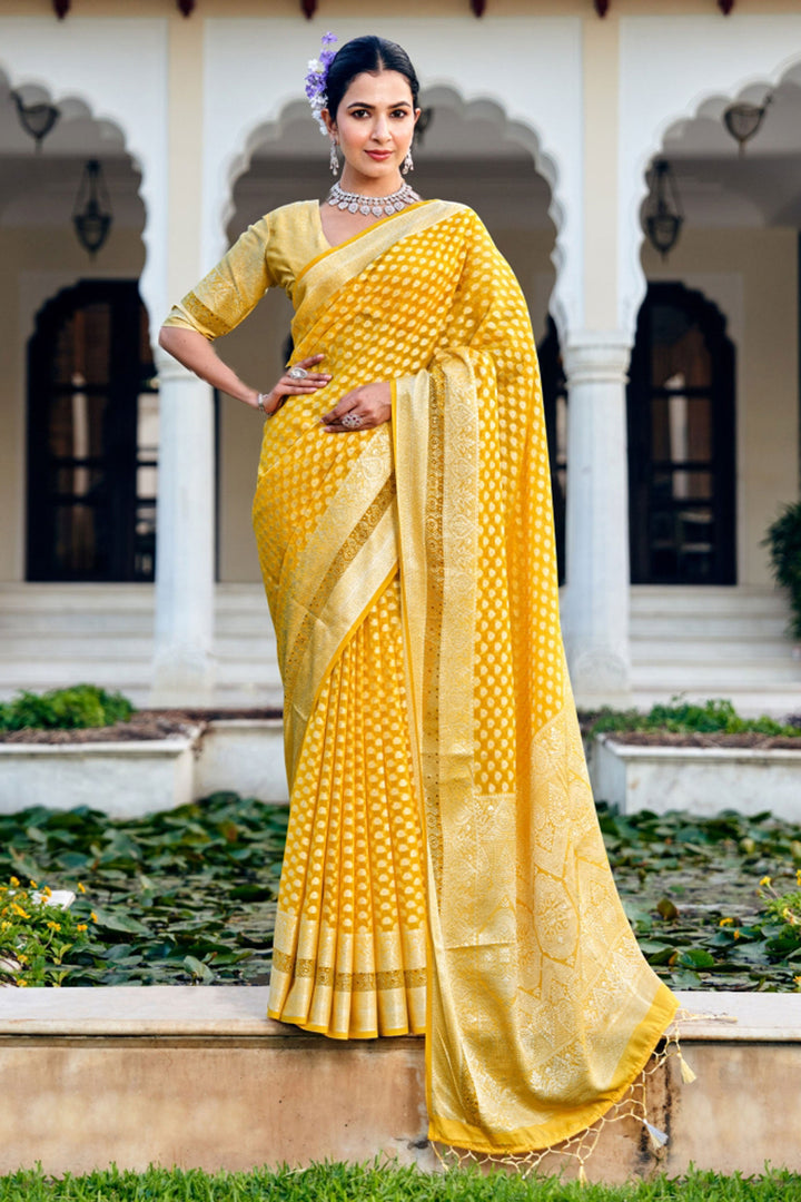 Weaving Work On Georgette Fabric Bewitching Saree In Yellow Color | Buy Online India