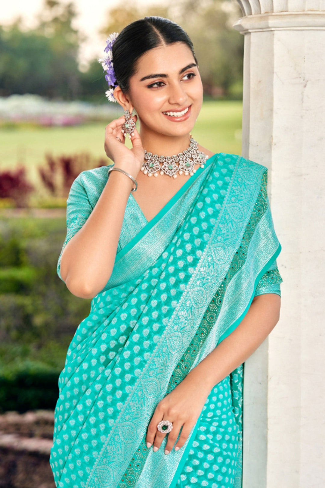 Cyan Color Georgette Fabric Coveted Saree With Weaving Work | Buy Online India