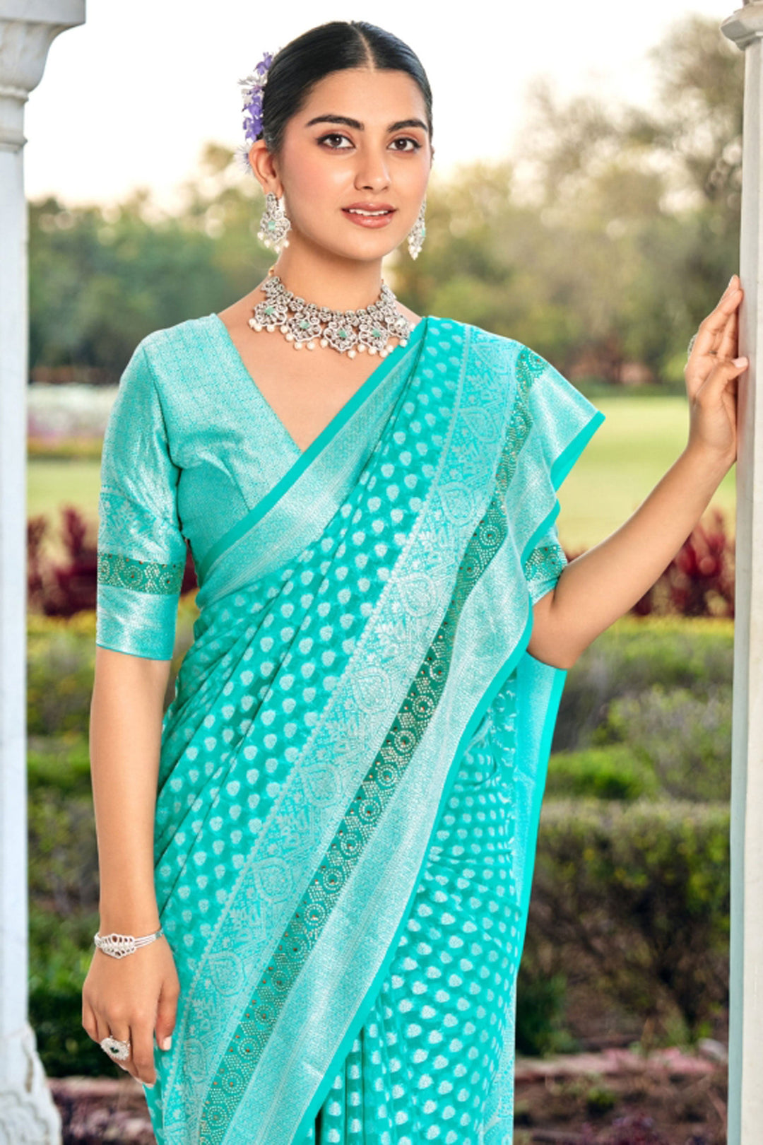 Cyan Color Georgette Fabric Coveted Saree With Weaving Work | Buy Online India