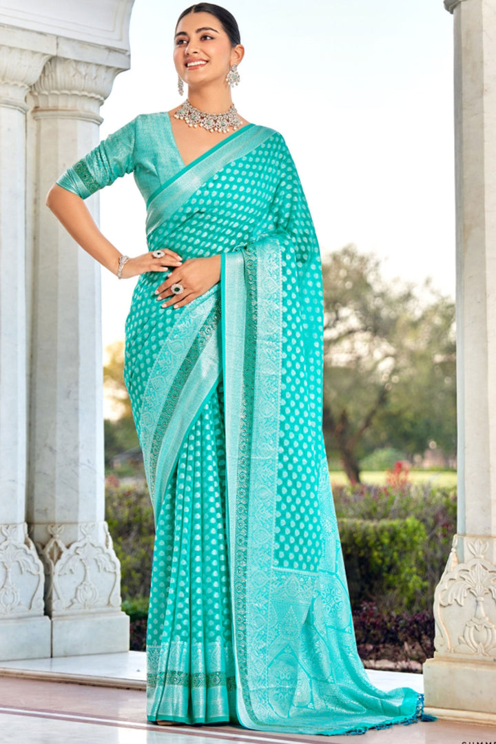 Cyan Color Georgette Fabric Coveted Saree With Weaving Work | Buy Online India