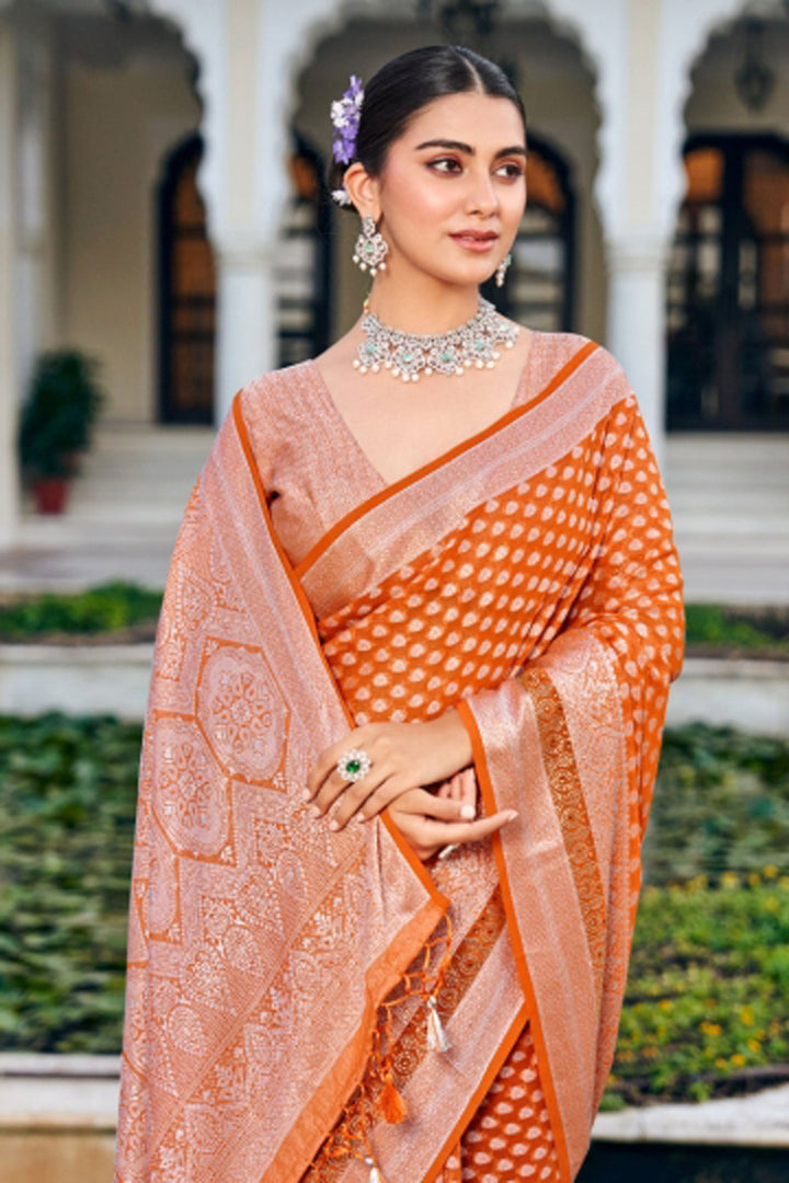Georgette Fabric Orange Color Riveting Saree With Weaving Work | Buy Online India
