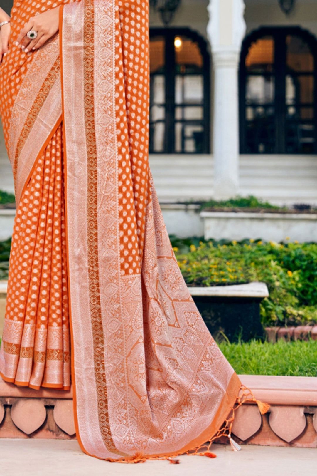 Georgette Fabric Orange Color Riveting Saree With Weaving Work | Buy Online India