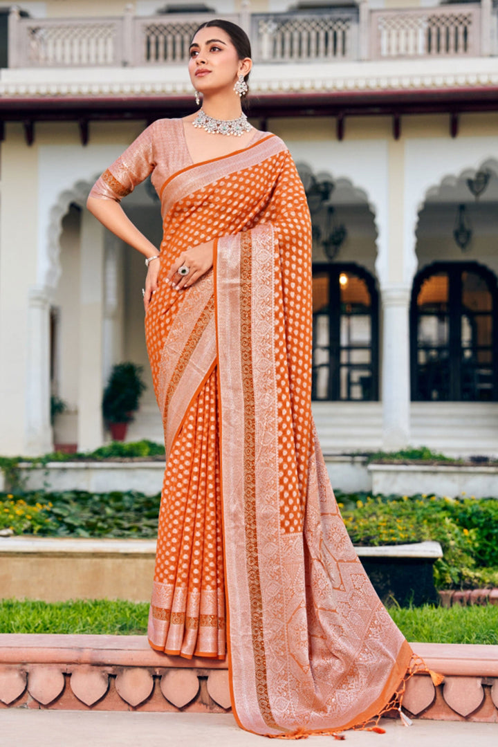 Georgette Fabric Orange Color Riveting Saree With Weaving Work | Buy Online India