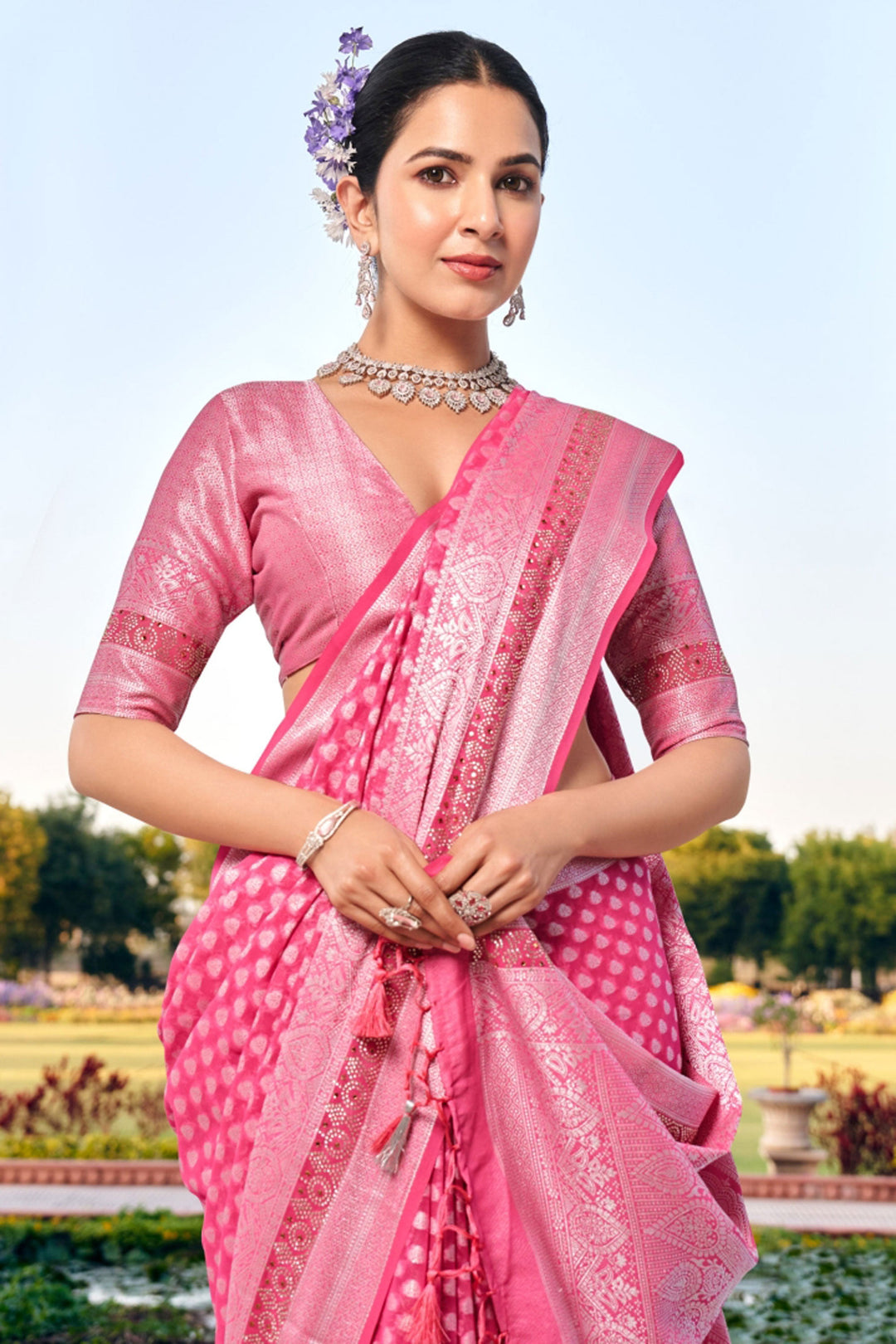 Georgette Fabric Pink Color Patterned Saree With Weaving Work | Buy Online India