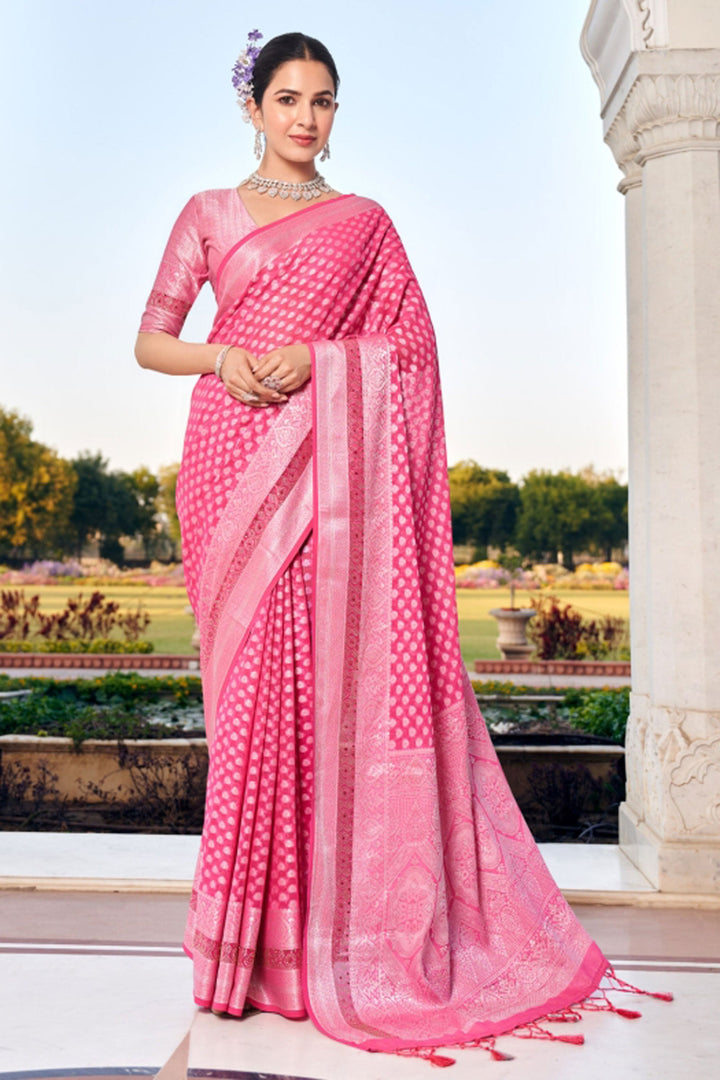 Georgette Fabric Pink Color Patterned Saree With Weaving Work | Buy Online India