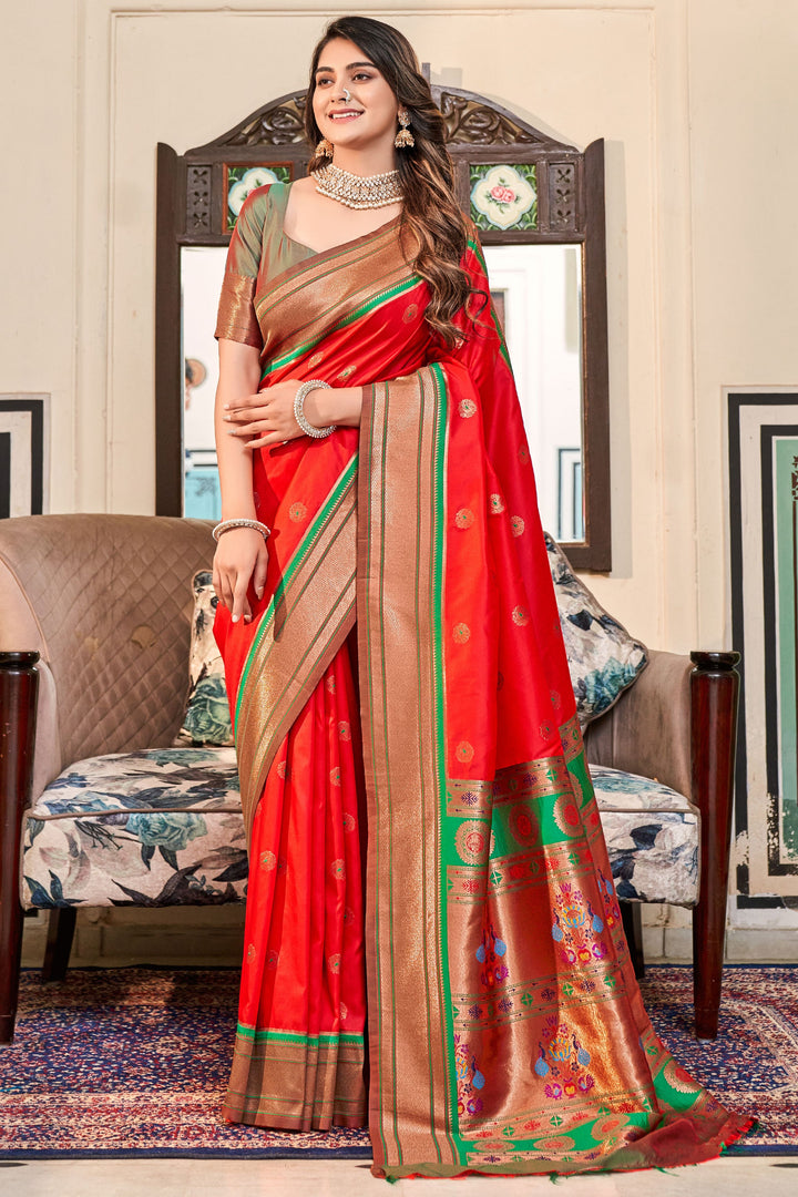 Embellished Red Color Weaving Designs Paithani Silk Saree
