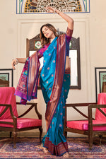 Load image into Gallery viewer, Ingenious Weaving Designs Cyan Color Paithani Silk Saree
