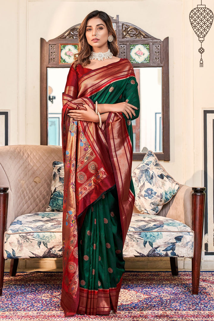 Phenomenal Weaving Designs Green Color Paithani Silk Saree