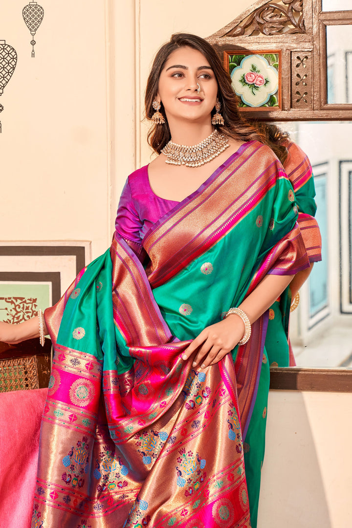 Fashionable Sea Green Color Weaving Designs Paithani Silk Saree