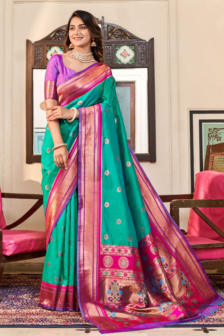 Fashionable Sea Green Color Weaving Designs Paithani Silk Saree