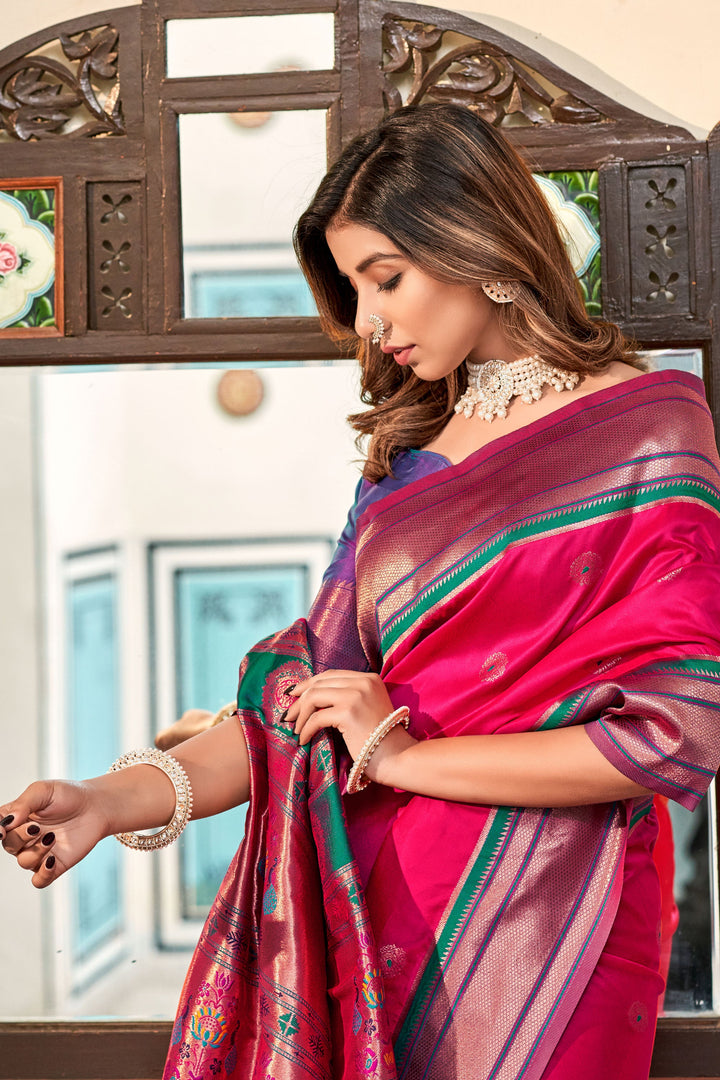 Glamorous Rani Color Weaving Designs Paithani Silk Saree
