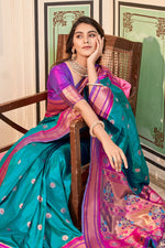 Load image into Gallery viewer, Cyan Color Gorgeous Weaving Designs Paithani Silk Saree
