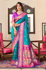 Load image into Gallery viewer, Cyan Color Gorgeous Weaving Designs Paithani Silk Saree
