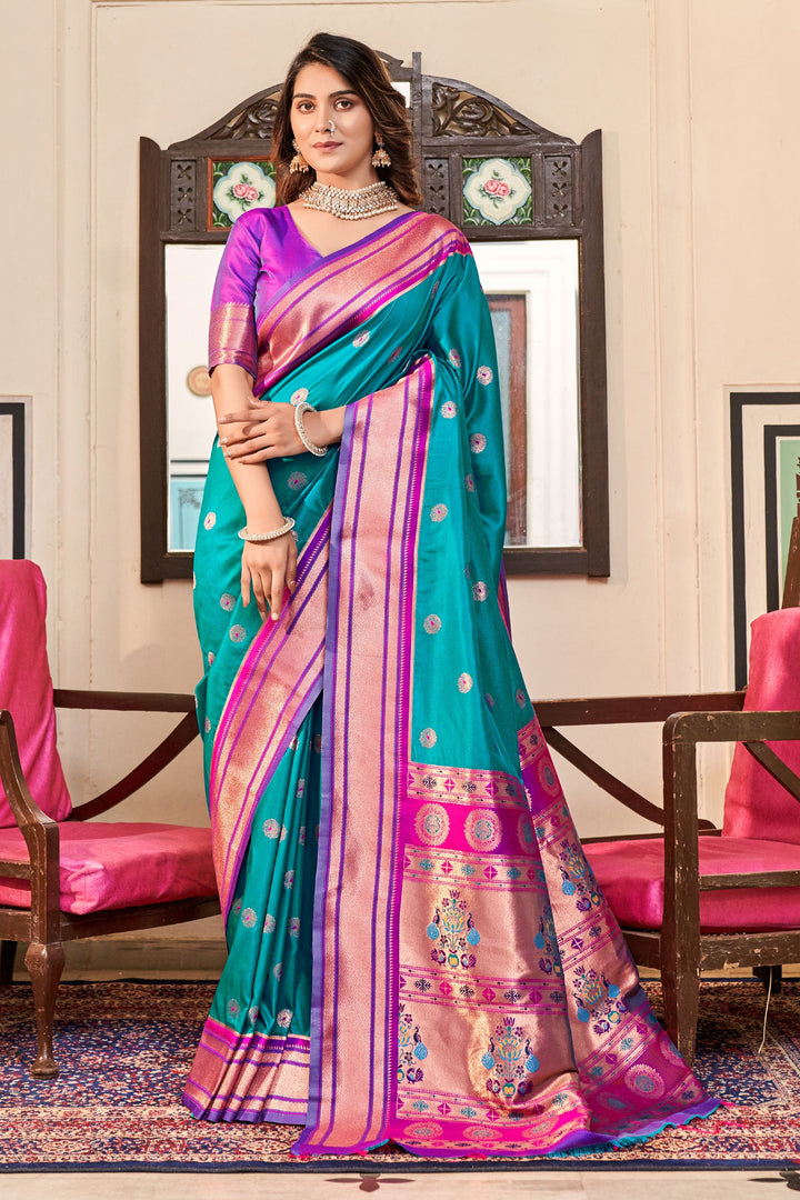 Cyan Color Gorgeous Weaving Designs Paithani Silk Saree
