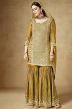 Load image into Gallery viewer, Mustard Color Chinon Fabric Embellished Embroidered Palazzo Suit
