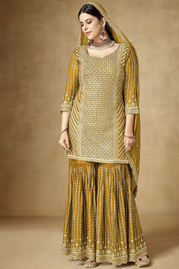 Mustard Color Chinon Fabric Embellished Embroidered Palazzo Suit