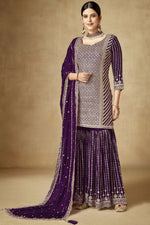 Load image into Gallery viewer, Chinon Fabric Purple Color Elegant Embroidered Palazzo Suit
