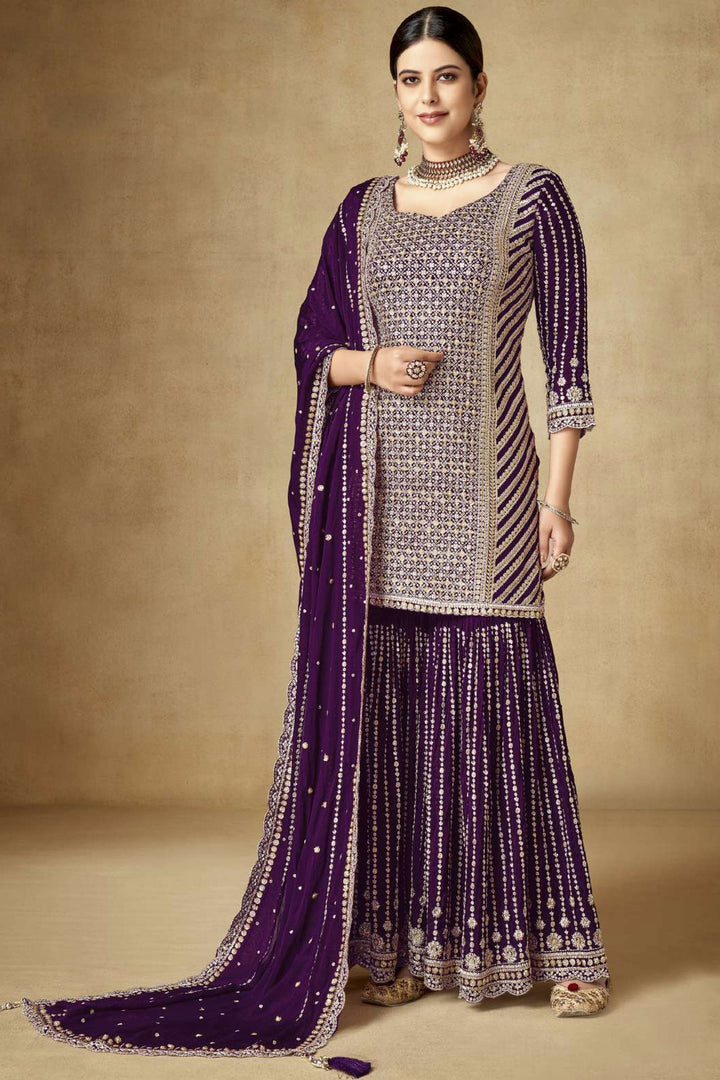 Chinon Fabric Purple Color Elegant Embroidered Palazzo Suit