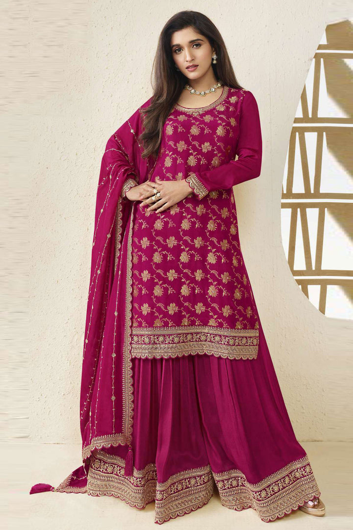 Nidhi shah Viscose Fabric Rani Color Elegant Jacquard Weaving Palazzo Suit