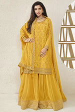 Load image into Gallery viewer, Nidhi shah Yellow Color Viscose Fabric Ravishing Jacquard Weaving Palazzo Suit
